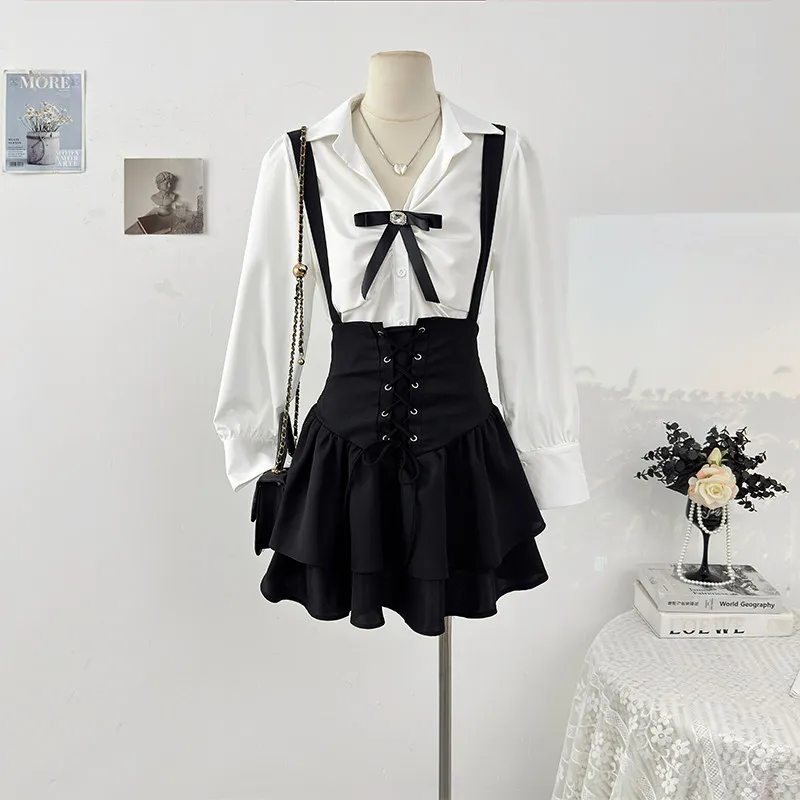 

Sweet college style bow long sleeved shirt +cinched waist and slimming straps fluffy short skirt women spring two piece set