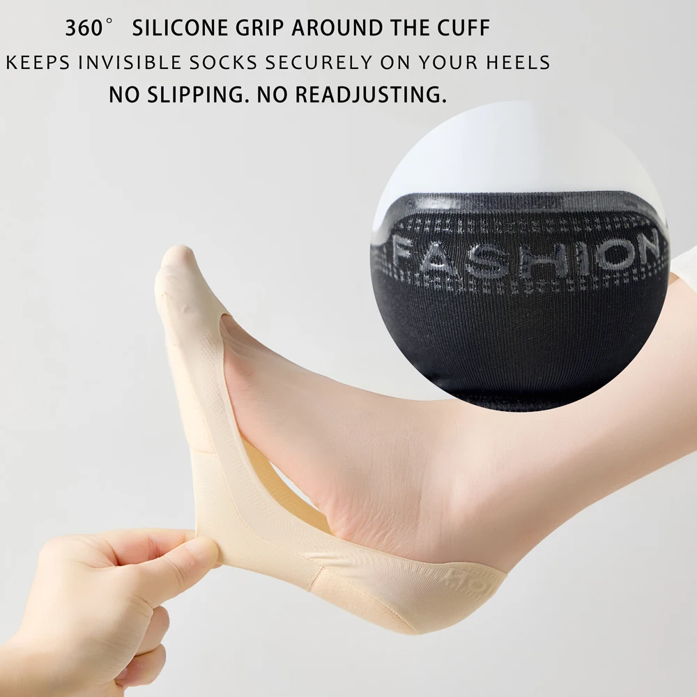 5Pairs Women's Summer Boat Socks Ice Silk Thin Non Slip Silicone Heel Grips Invisible Low Cut Seamless Ankle Socks for Heels image 3