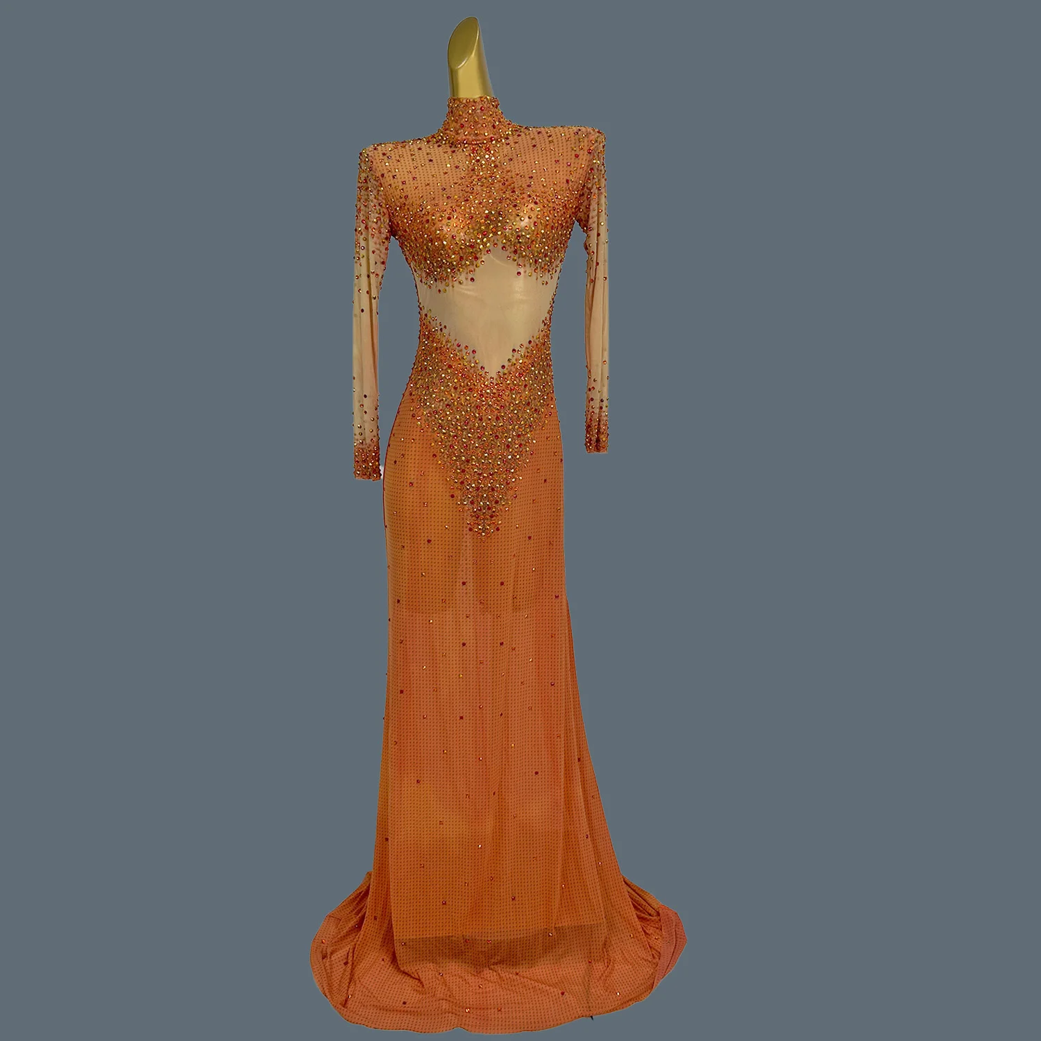 

High-end Sparkly Rhinestone Sheer Mesh Evening Dress Sexy Backless Long Sleeved Prom Party Luxury Gown Elegant Women Couture