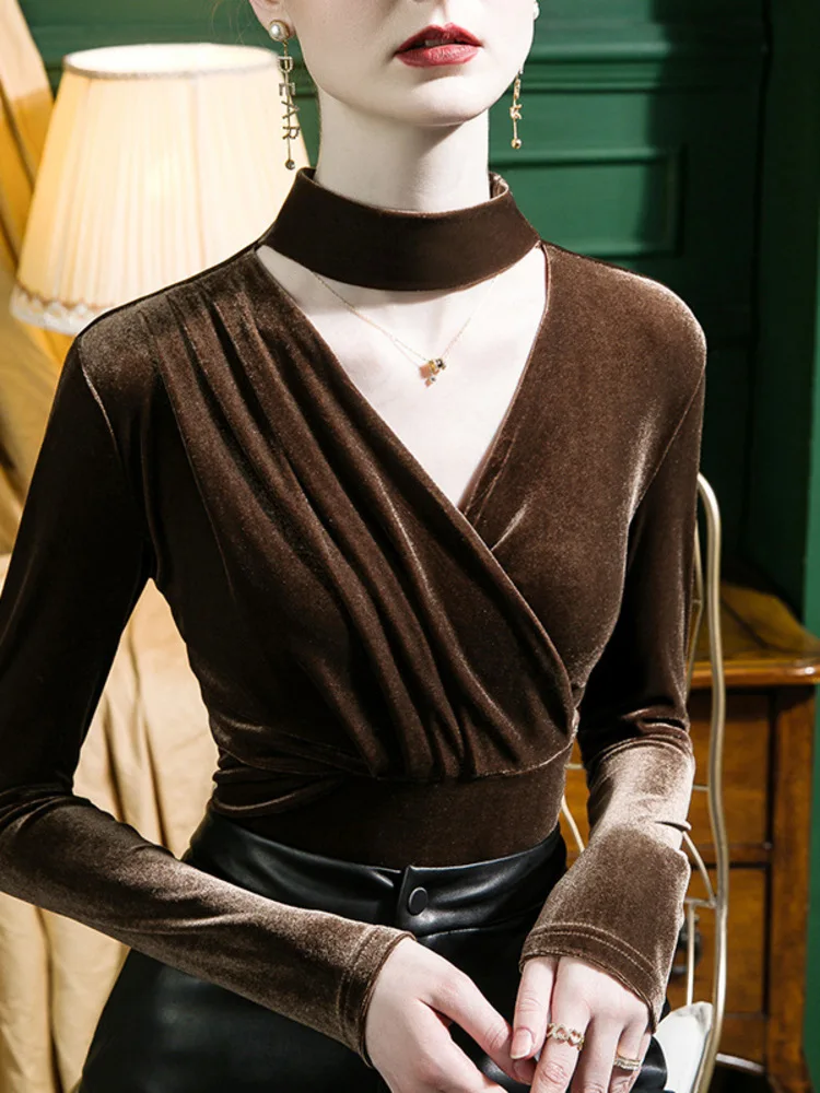 

Hanging Neck, Velvet Base Women's Hollow Out Sexy Autumn And Interior, Western-Style Long Sleeved Top, Small Shirt, Winter