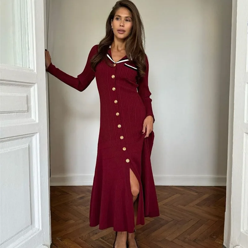 

Talenza Knitted Bodycon Sweater Dress Women's Elegant Single Breasted Cardigan Long Skirt Ruffled Lapel Long Sleeve Long Dress