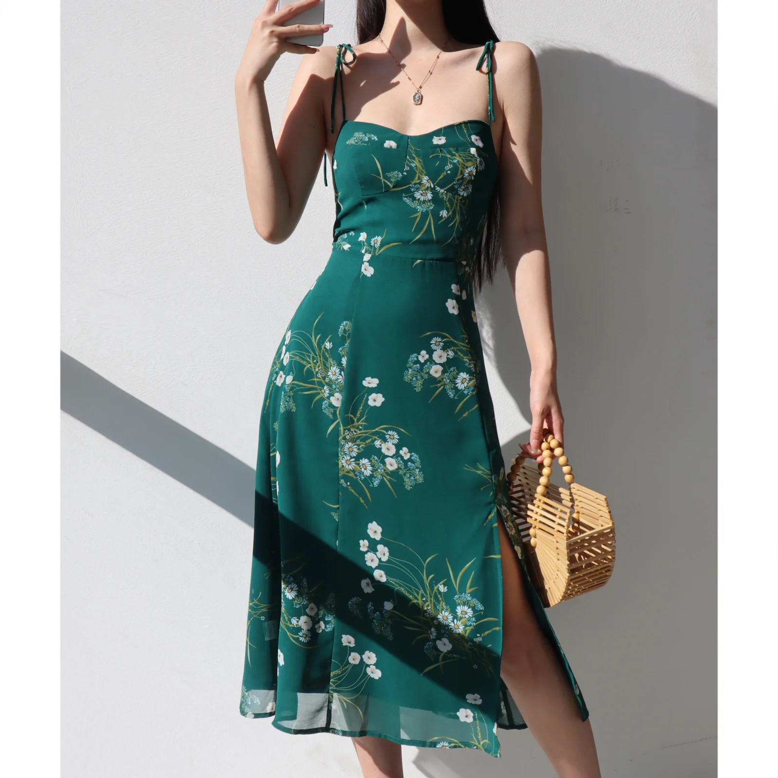 French Green Print Sexy Side Slit Waist Show Thin Suspender Skirt Women's Holiday Style Dress Medium Long DRESSES  M477