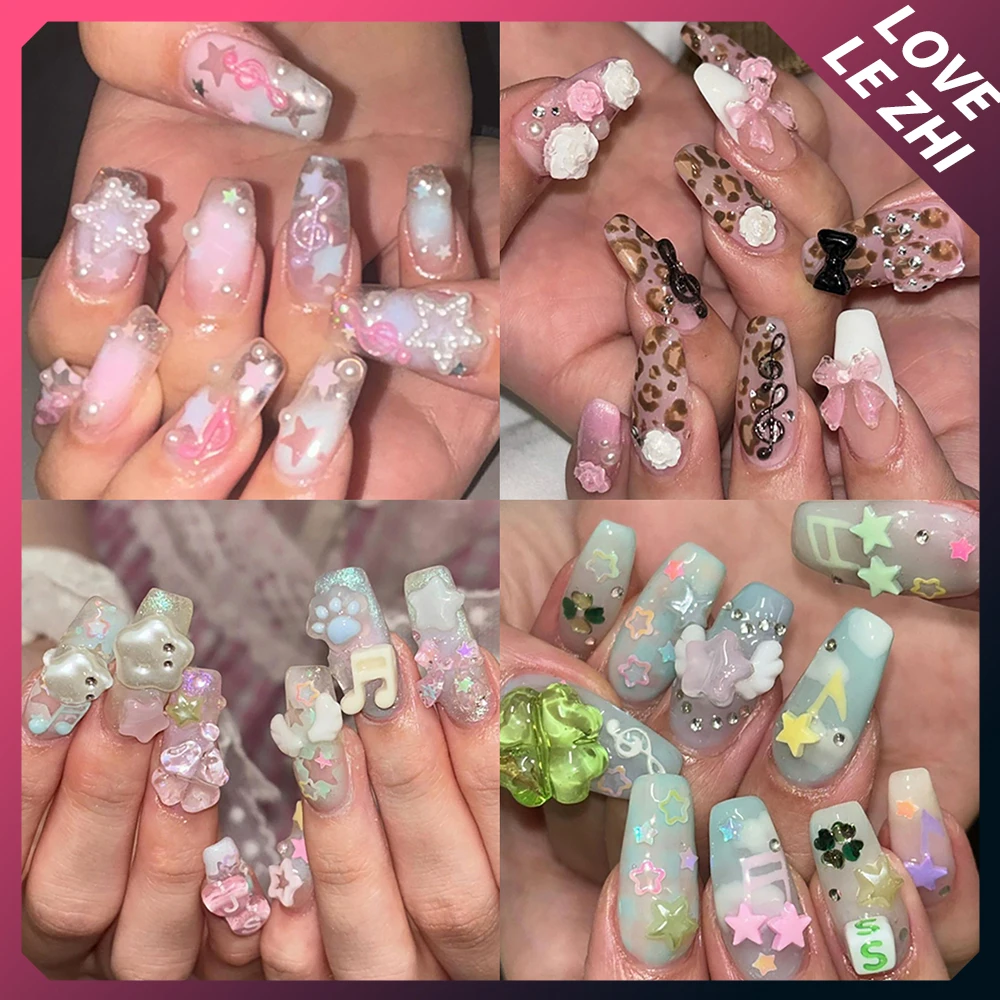 

10Pcs Cartoon Cute Handmade Green Almond Coffin Full Cover Nail 3D Four-Leaf Clover Pentagram Note Bow Wearable Nails Girls Gift