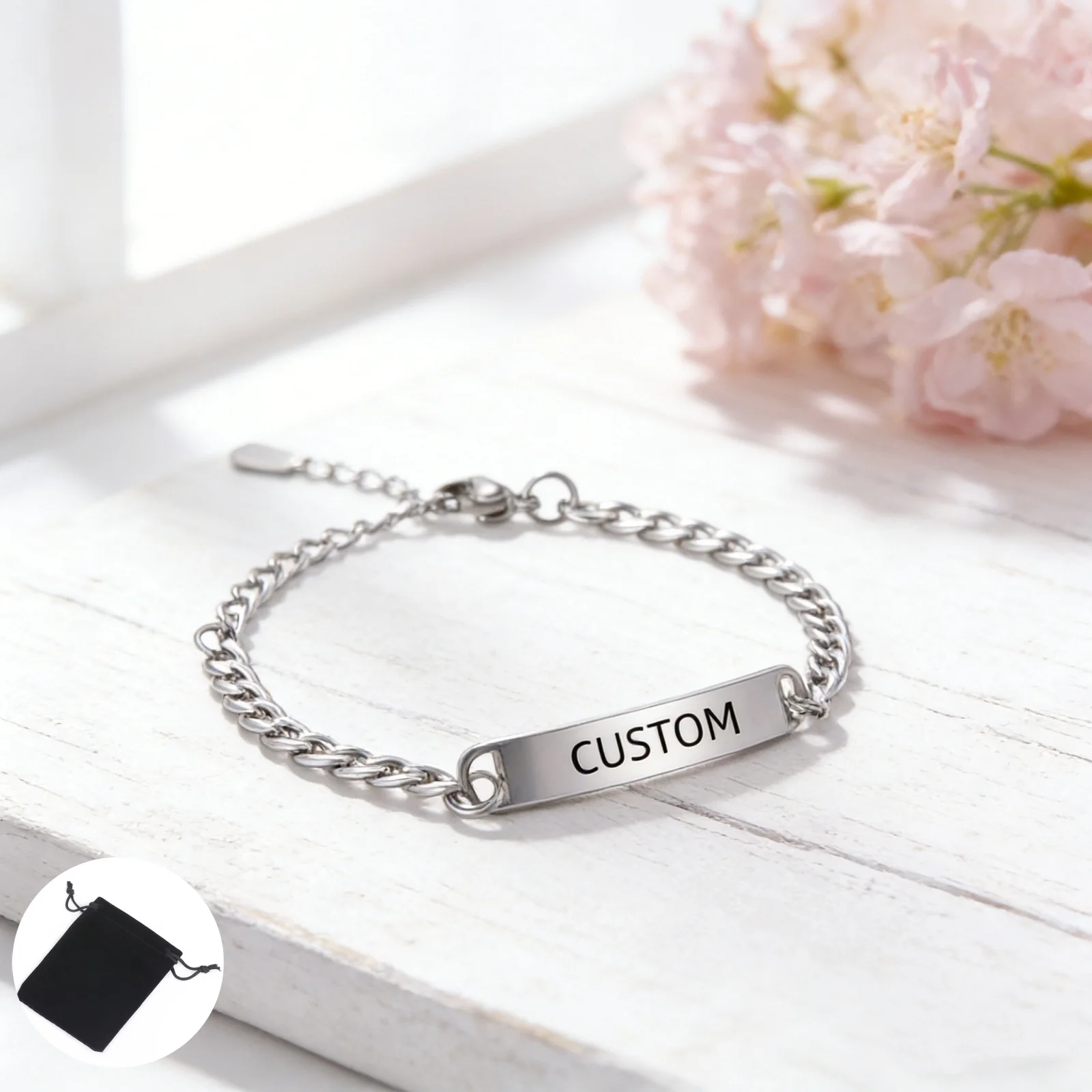 Customized Name Text Date 5MM Cuban Chain Bracelet Stainless Steel Personalized Carving Name Bracelet Men's and Women's Jewelry view 2