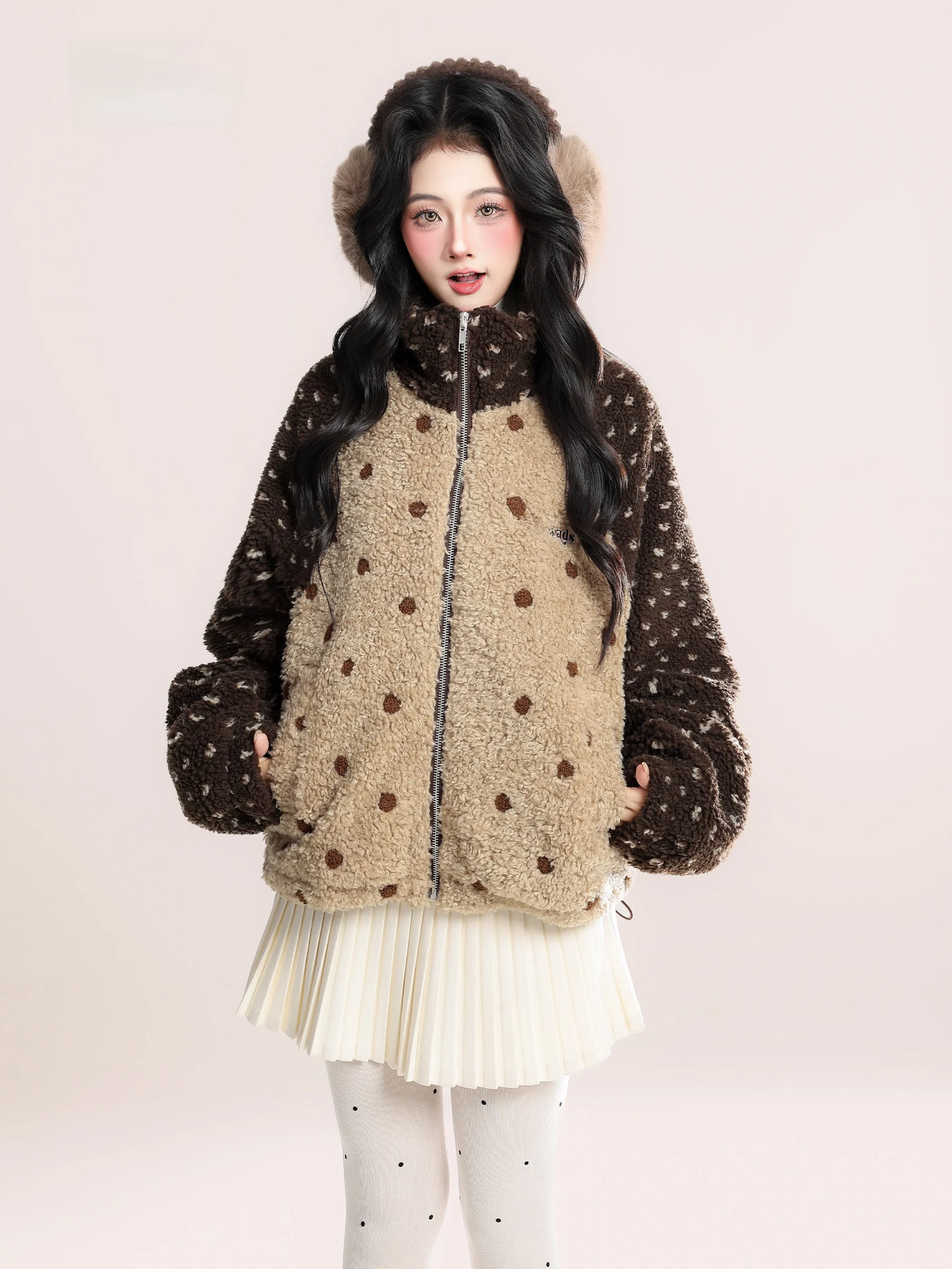 

HM American Retro Polka Dot Color Blo Lamb Fur Cotton Jaet Women Winter Stand Collar Zipper Warm ort Cotton Coat