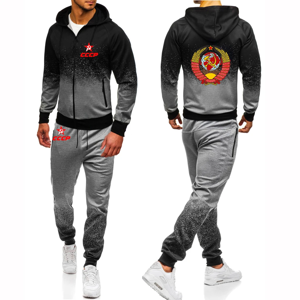 2025 Spring Autumn Mens CCP Russian Soviet USSR Logo Print Popular Cardigan Zipper Hooded Jacket+Sweatpants Gradient Color Sets