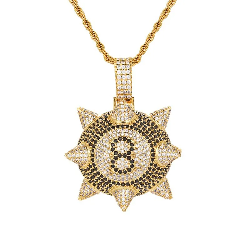 

Niche Full Diamond 8 Ball Pendant Necklace Spiked Design Hip Hop Full Zircon Unisex Nightclub Outfit Billiards Lover Accessory