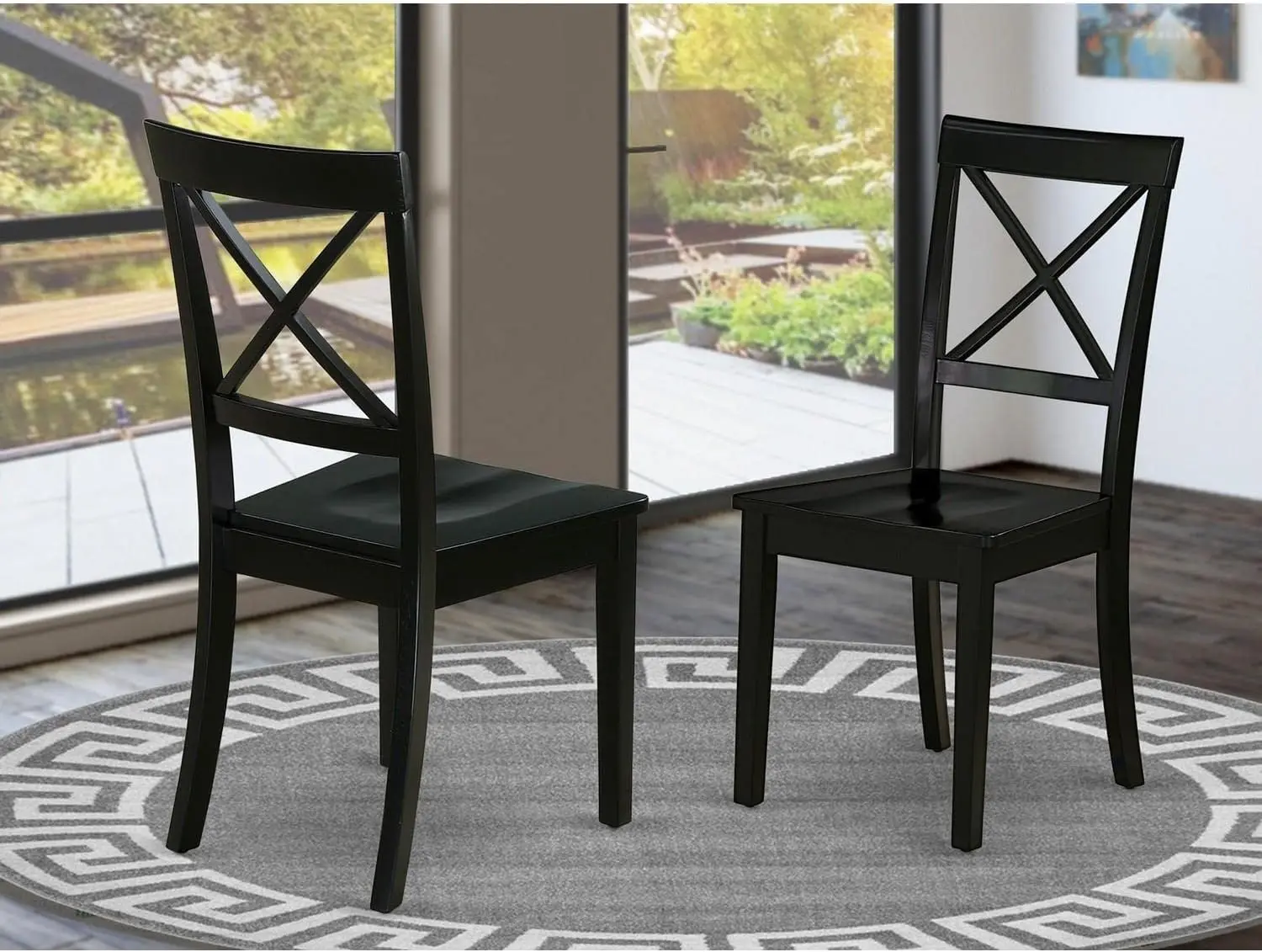 Boston Dining Room Cross Back Solid Wood Seat Chairs, Set of 2, Black