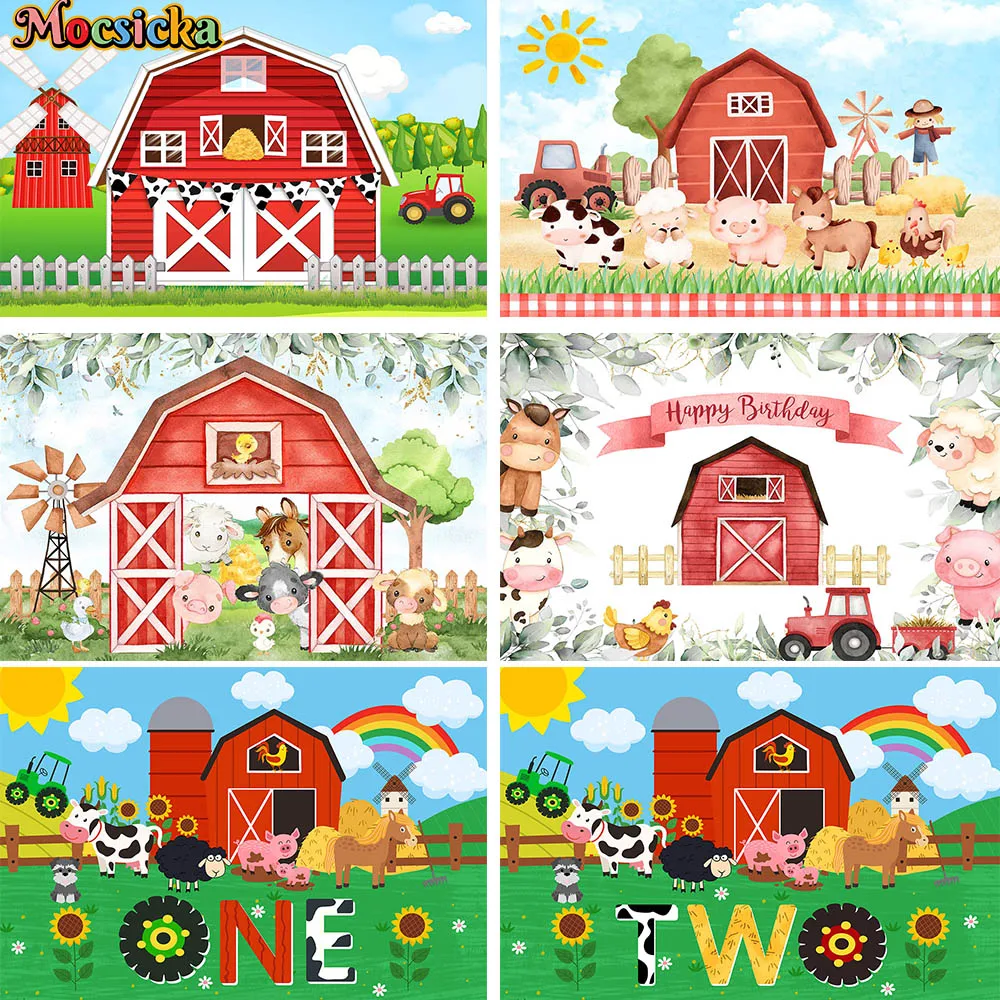 Red Barn Farm Theme One Birthday Party Background Banner Cow Tractor Animal Baby Shower Photo Backdrop Newborn Cake Table Decor