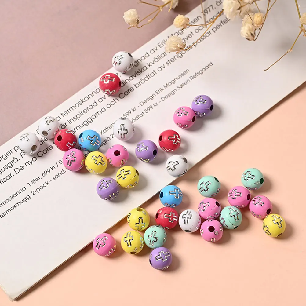 

100 Pcs 10mm Cross Beads White Edge Acrylic Jewelry Charms Spacer for Bracelet Pendant Rosary Crafts Large Hole Round Bead