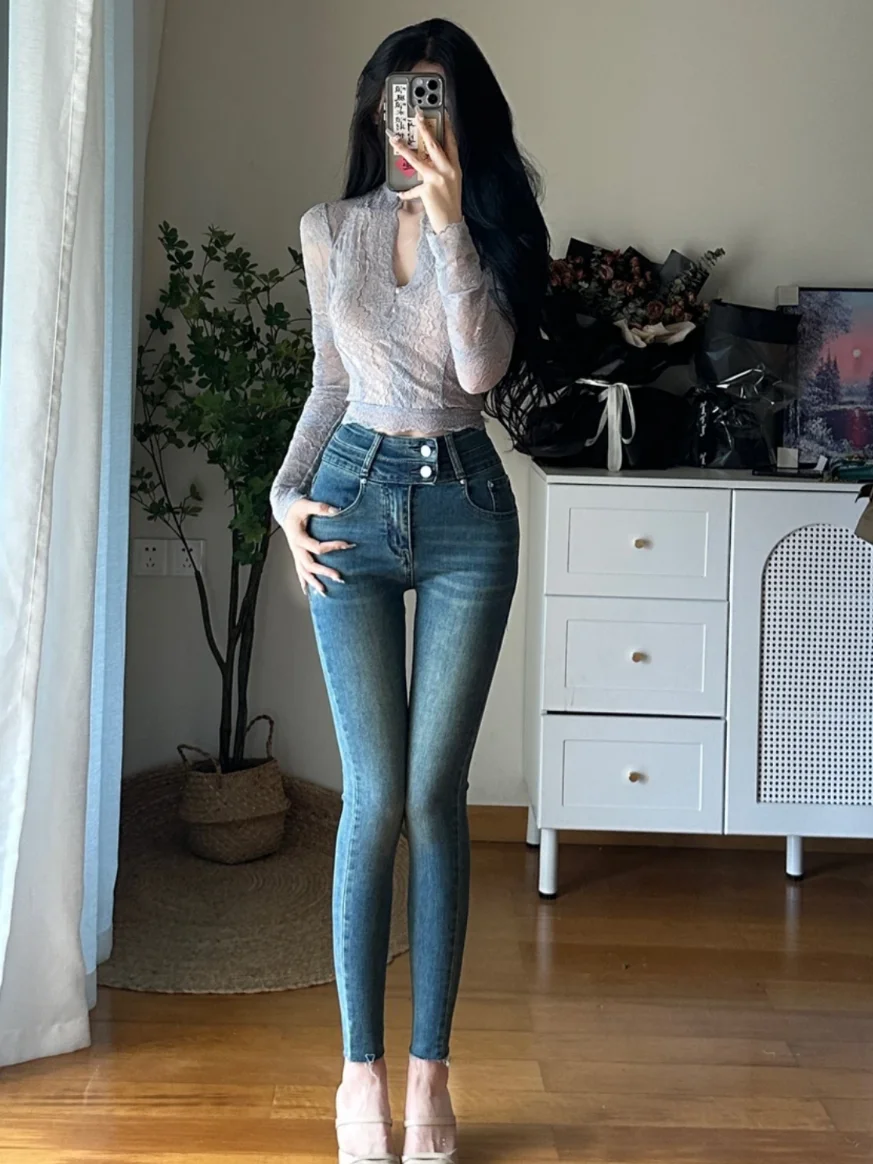 

High Waist Slimming Nine Points Pencil Jeans Women's Faionable Cotton Stretch Denim Pants Korean Sle Long Leg Effect
