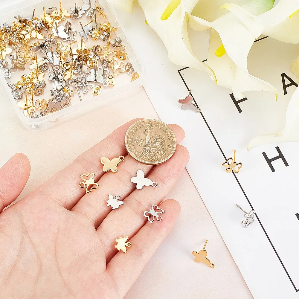 1 صندوق 60 قطعة 6 نمط 304 الفولاذ المقاوم للصدأ قرط الاذن المرصع النتائج مع حلقات أفقية و 201 الفولاذ المقاوم للصدأ الأذن المكسرات/القرط