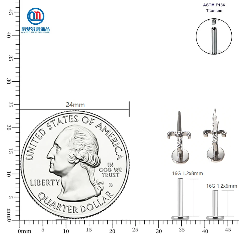 QM ASTM F136 Titanium Internally Threade Sword Internally Threaded Labret Helix Cartilage Tragus Body Piercing Jewelry ASTM F136