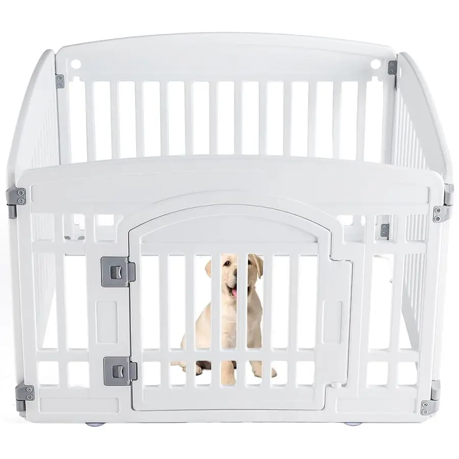 

Пластиковый манеж для собак, 4 панели, 24 секции, расширяемый и прочный, для средних собак, для использования в помещении и на улице, портативный манеж для щенков с сиденьем