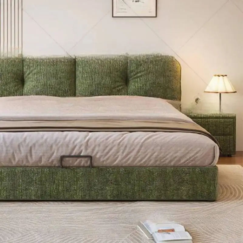 European Green Double Bed Couples Large Storage Wooden Floating Double Bed Size Style Metal Cama Matrimonial Furniture For Home