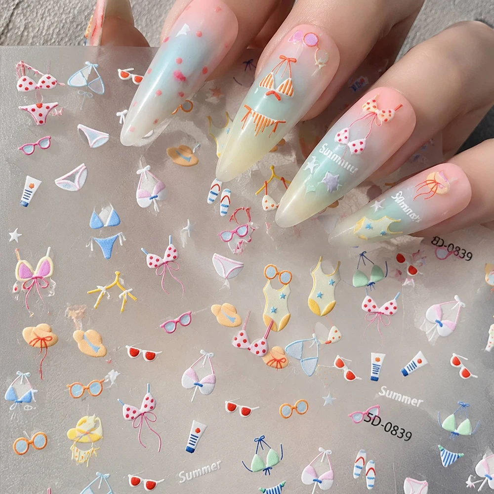 1Pc 5D Embossed Bikini Nail Stickers Summer Beach Vacation Nail Art Decals Cute Sunglasses Pattern Self Adhesive Nail Decoration