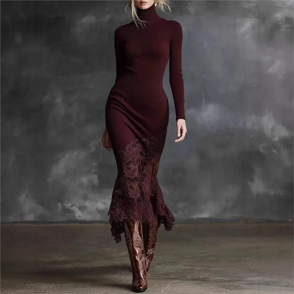 

Fashion High-neck Spliced ​​lace Women's Dress Autumn Winter New Burgundy Slim Hip-covering Elegant Female Long-sleeved Dresses