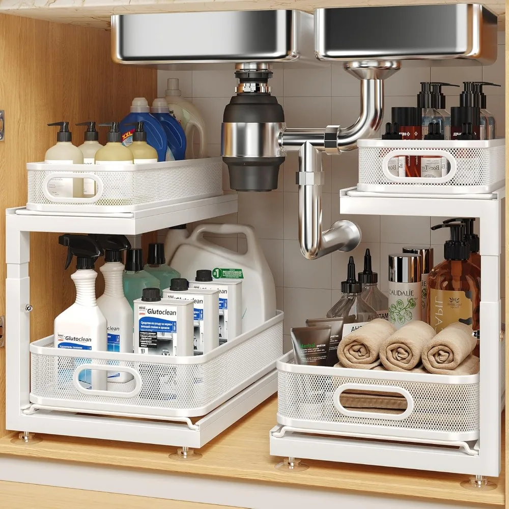 

Two Tier Sliding Under Sink Organizer Mesh Pull Out Drawer Shelf for Kitchen Bathroom Small Items Smooth Glide