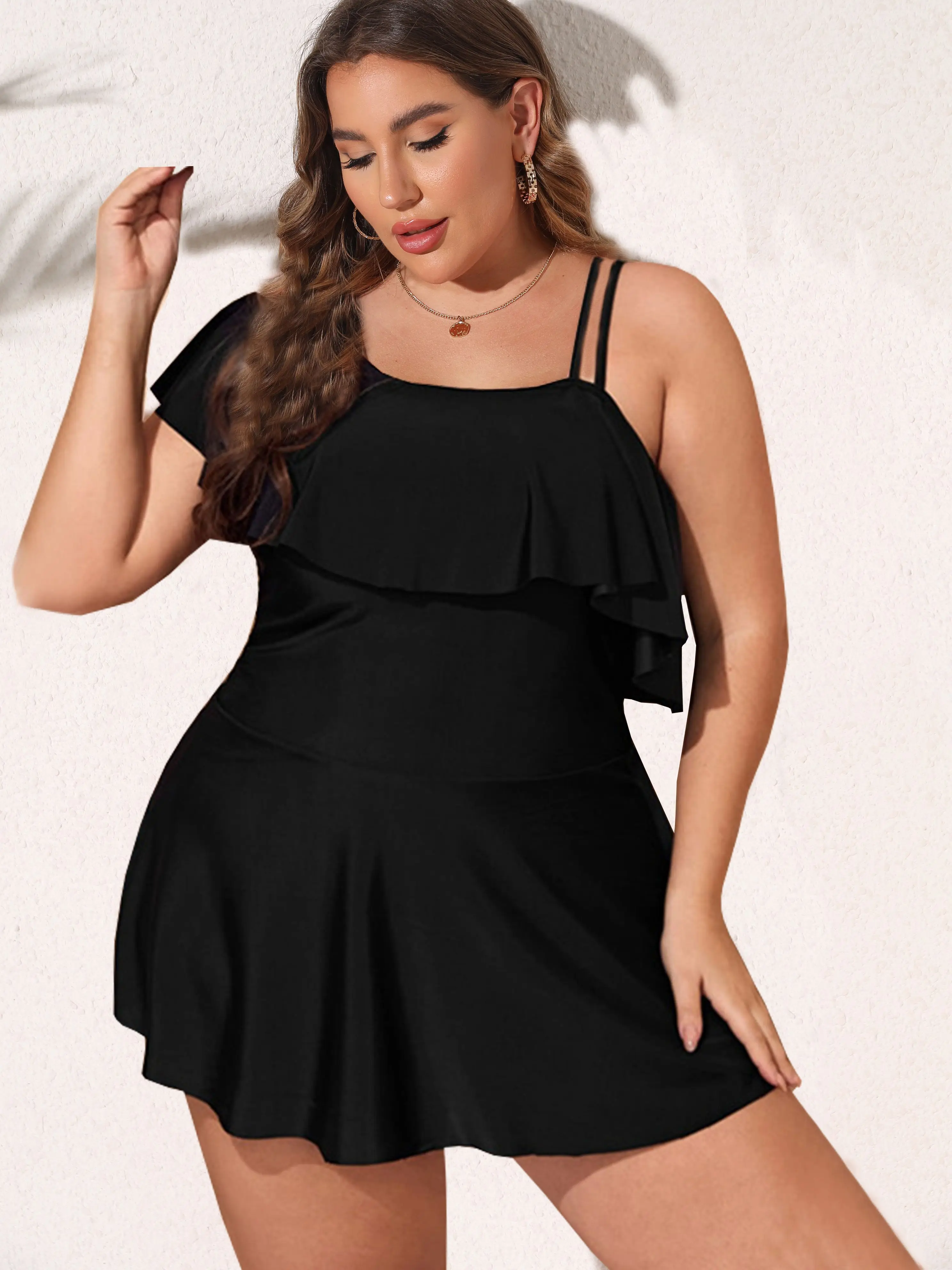 VigoJany 2023 Black Tankini Swimwear Women Plus Size Two Pieces Swimsuit Ladies Big One Shoulder Ruffle Tankini Bathing Suit