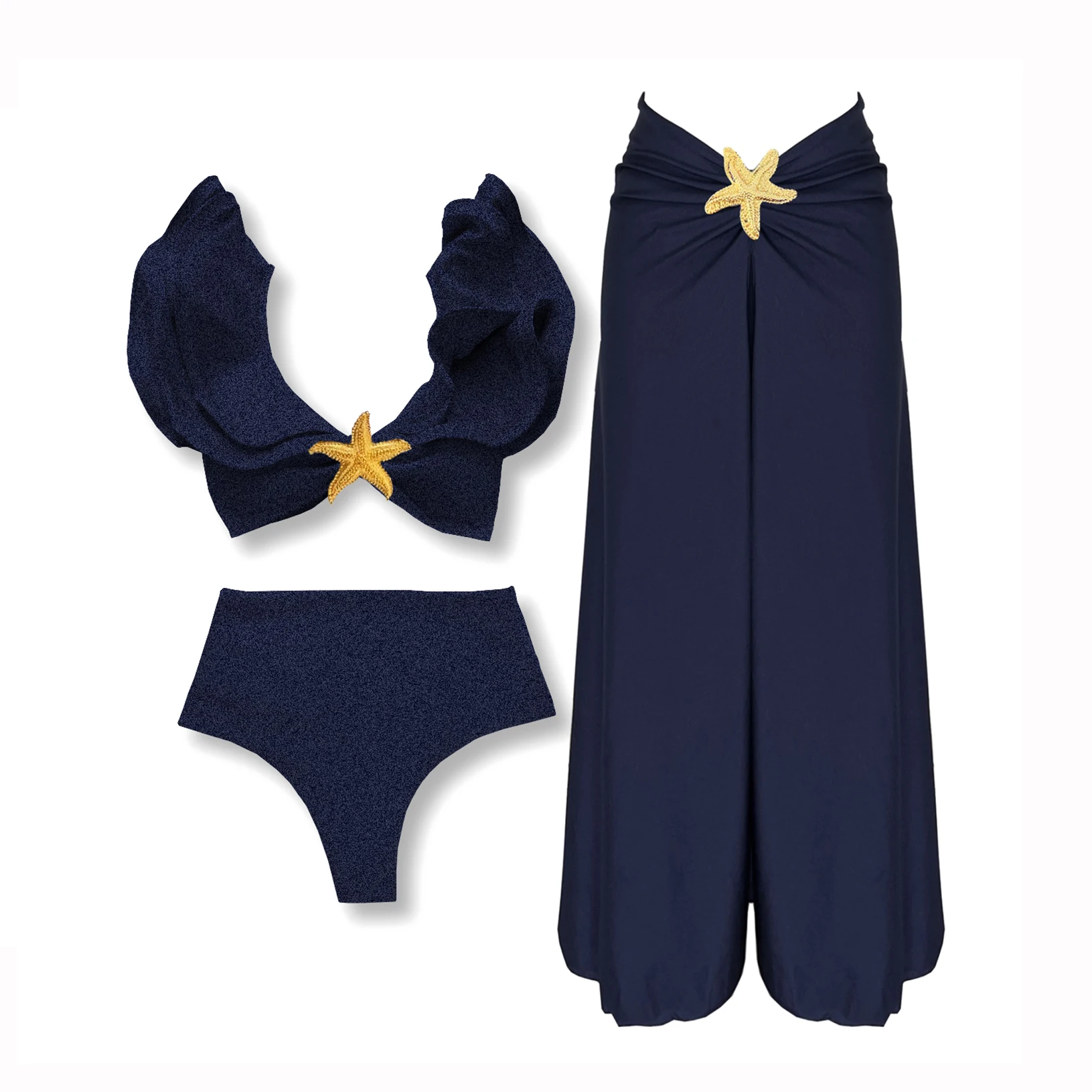 3 Pieces Sexy Bikinis Set Shoulder Ruffle Swimsuit Women 2025 Swimwear Shiny Star Swim Suits Female Bodysuit Bathsuit Beachwear image 2