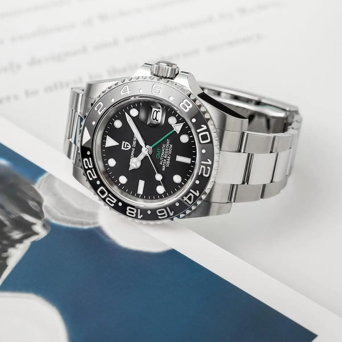 GMT Automatic Mechanical Men's Watch with Rotating Ceramic Bezel, Stainless Steel, Date Function