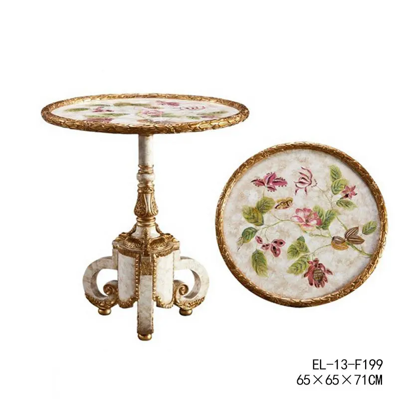 Yjq French exquisite flower solid wood birch engraved gold hand-painted flower butterfly small round table