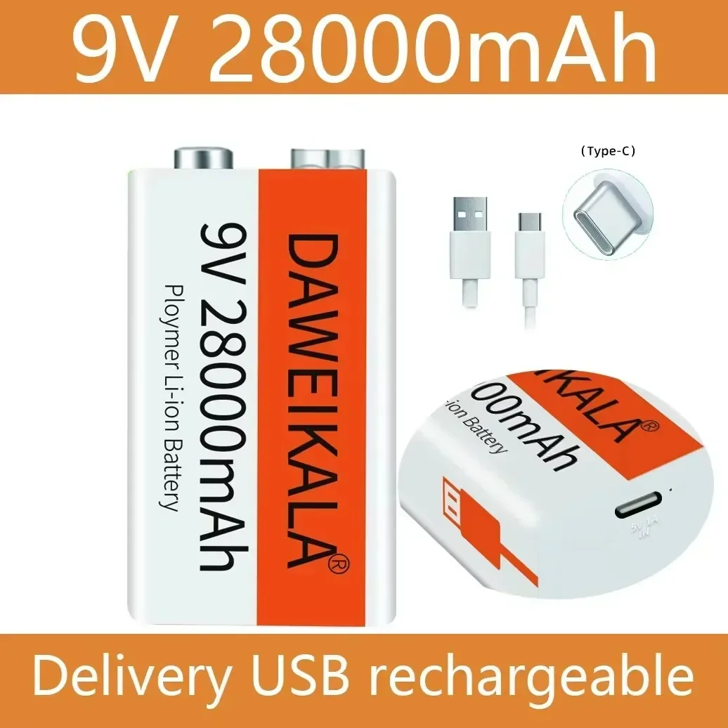 2024 9V battery 28000mAh li-ion Rechargeable battery Type-C Battery 9v for Multimeter Microphone Toy Remote Control KTV use