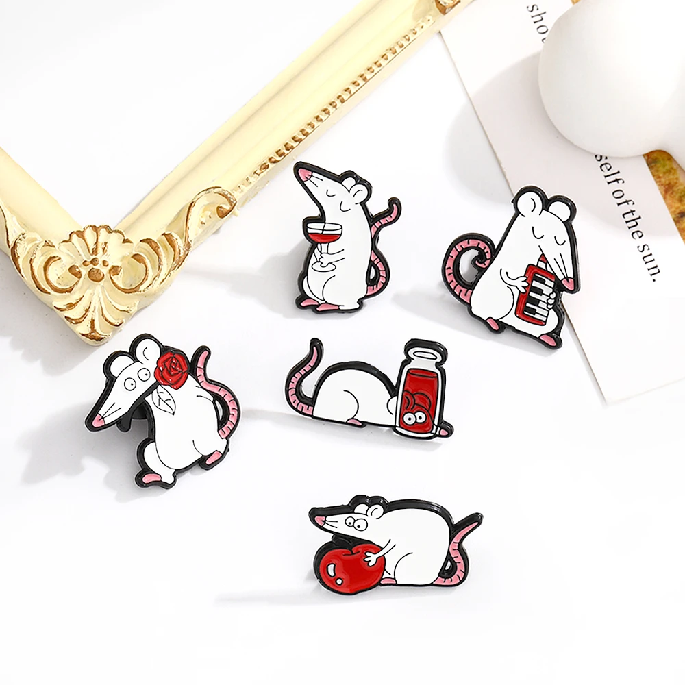 White Rats Enamel Pins Custom Mouse Red Rose Apple Red Wine Animal Brooches Badge Lapel Jewelry Gift Friends Wholesale