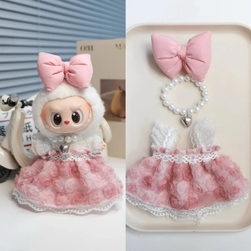 Accesorios Labubu: vestido de cinta rosa - Lindo disfraz de hada de muñeca de vinilo de 15/17 cm Decoración linda