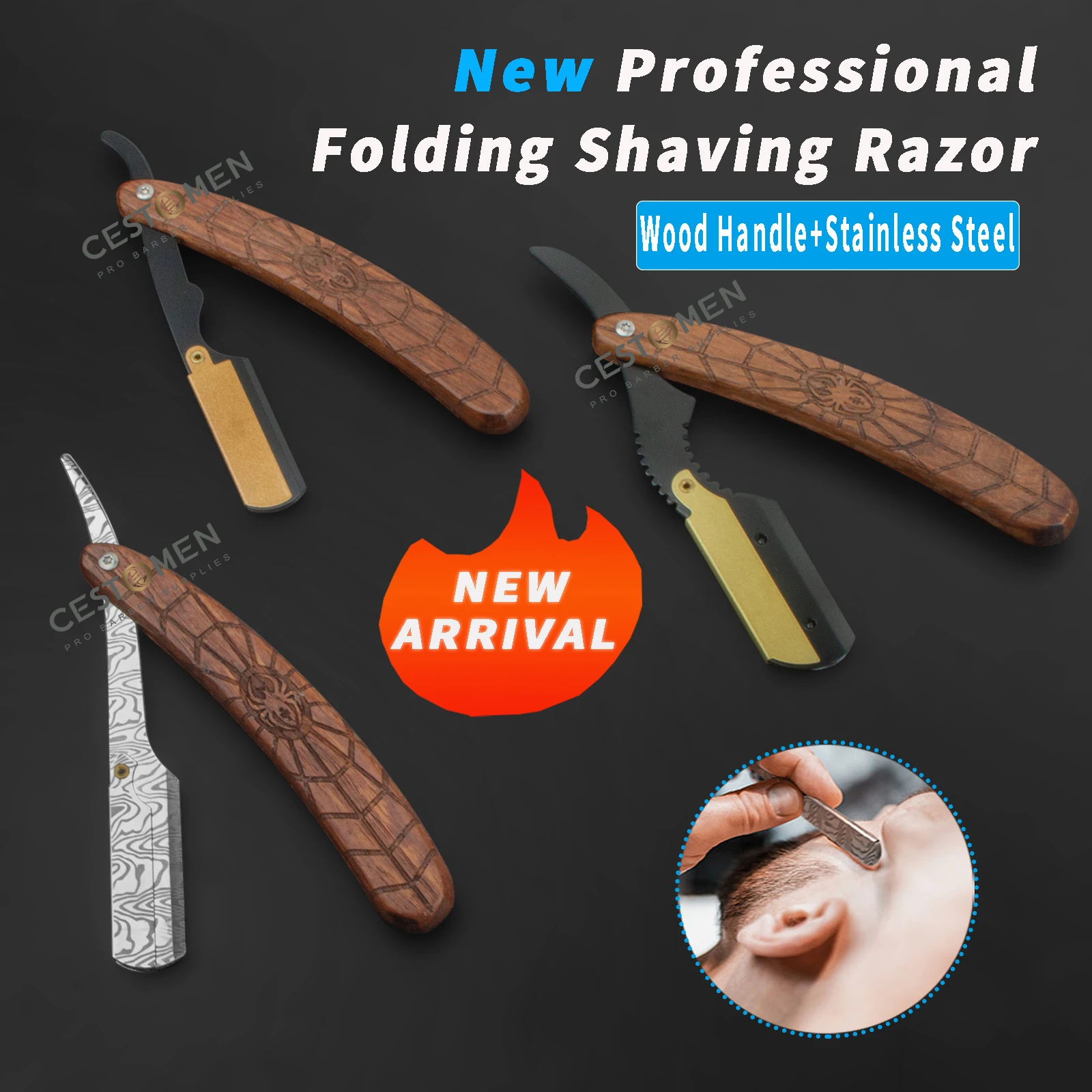 1Pc Pro Men's Barber Straight Razor Spider Carving Wood Handle Hair Removal Knife Stainless Steel Beard Shaving Razors Holder