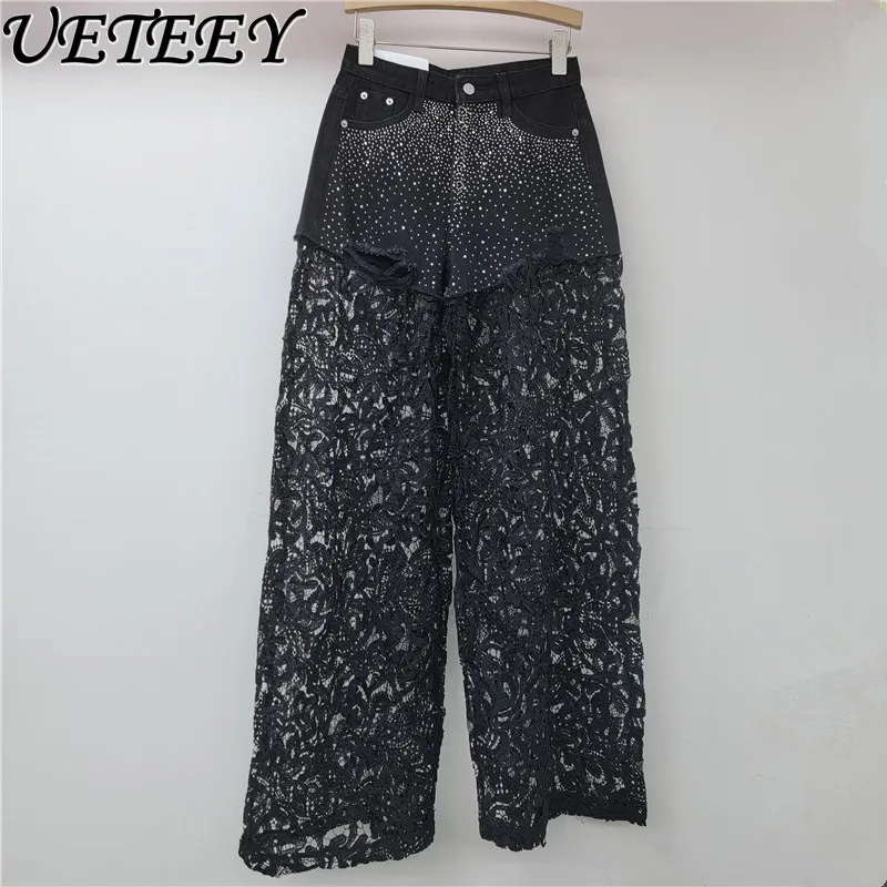 Lace Splicing Heavy Industry Hot Diamond Wide-leg Pants Women's 2025 High Waist and Thin Drape High-end Straight Casual Trousers