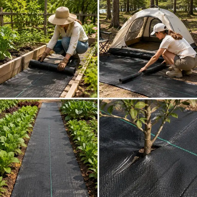 Toile de paillage robuste, tissu paysager tissé de 3,2 oz avec lignes d'alignement, couverture de sol durable pour jardins et allées, noir, 1,4 x 50 pieds