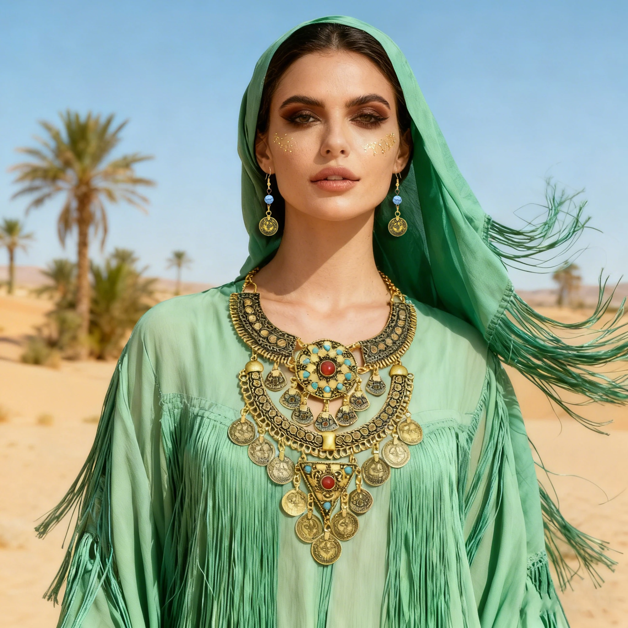 

Middle East ethnic style geometric pendant splicing multi-layer coin alloy long strip tassel necklace earrings jewelry set