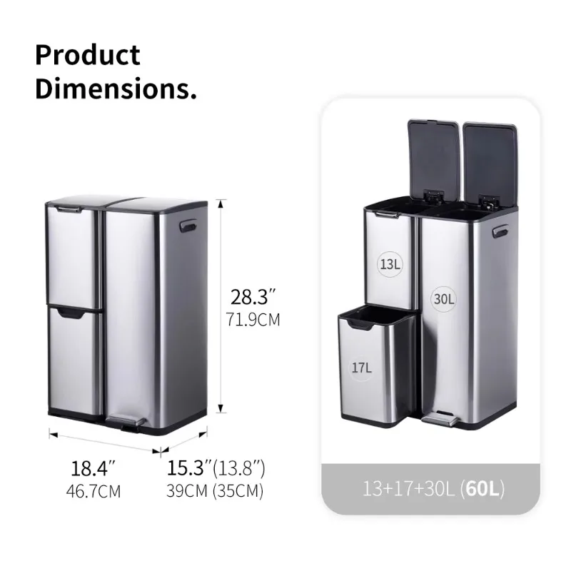 Three-compartment rectangular stainless steel trash can with double inner bucket sorting and closing slowly