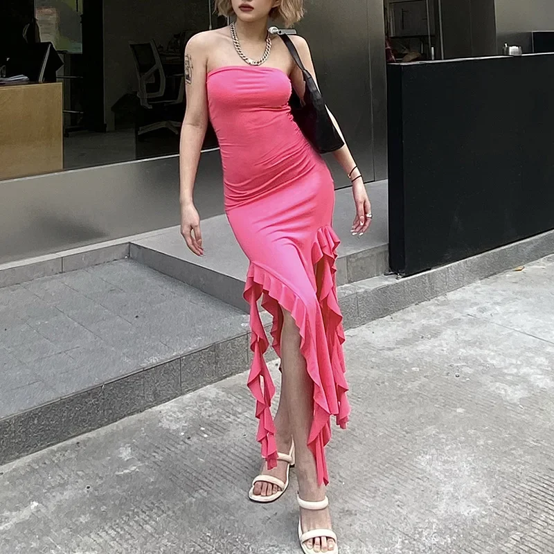 Sexy Shoulder Ruffles Maxi Dress Women Elegant Strapless Sleeveless Slim 2023 Summer Fashion Evening Party Dresses
