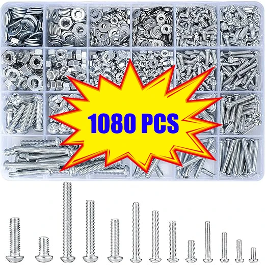 

1080pcs Screws Bolts and Nuts Assortment Kit, Metric Machine Screws and Nuts and Flat Washers, M3/M4/M5/M6