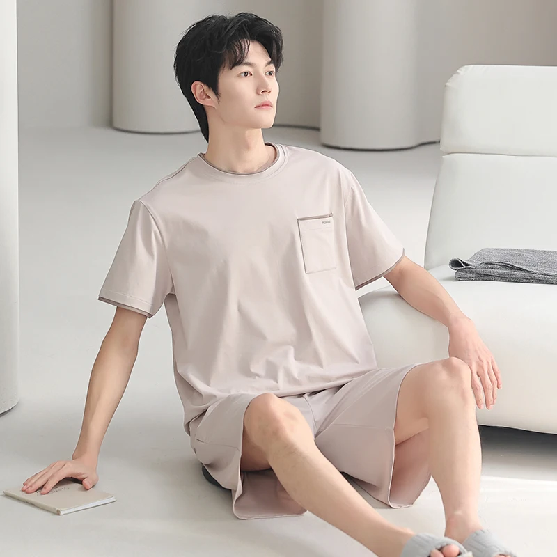 

Summer Men Short Sleeve Pajamas Set Knited Cotton Pyjama Male Solid Sleepwear