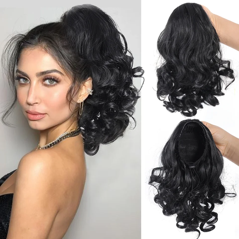 

8 Inch Short Wavy Curly Drawstring Ponytail Extensions Synthetic Clip In Hair Extensions Hairpiece Elegant For Women Daily Use
