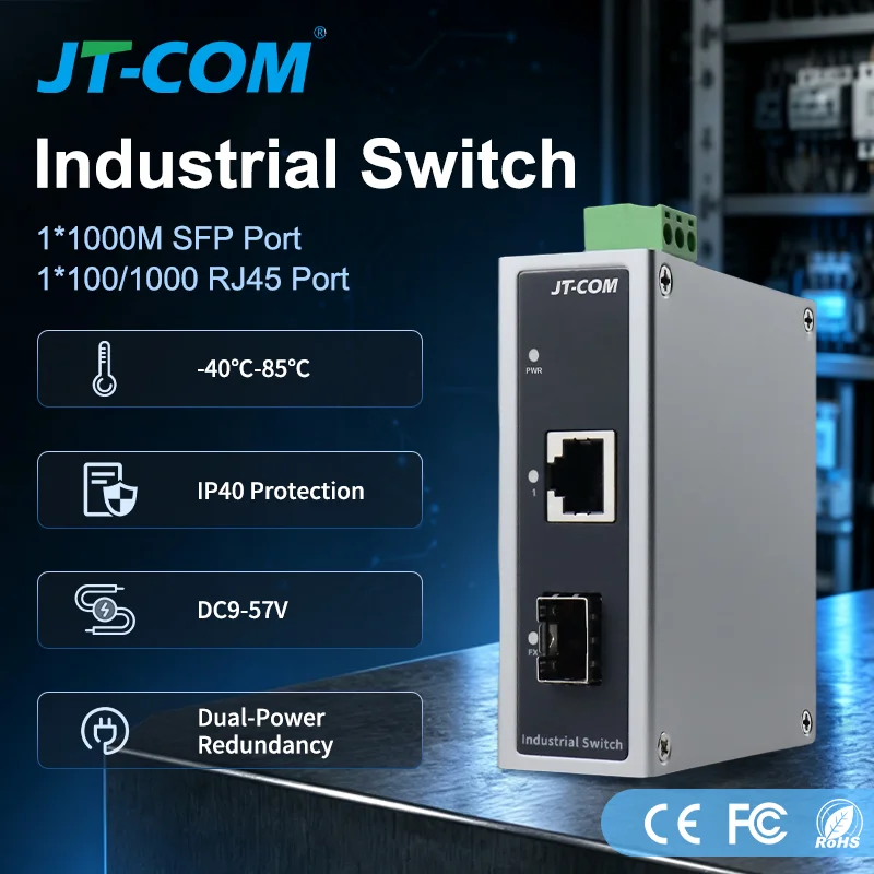 Gigabit Industrial Fiber Media Converter 1 SFP Slot 1 RJ45 Ethernet Port DIN Rail Mount DC9-57V Dual Redundant Power IP40
