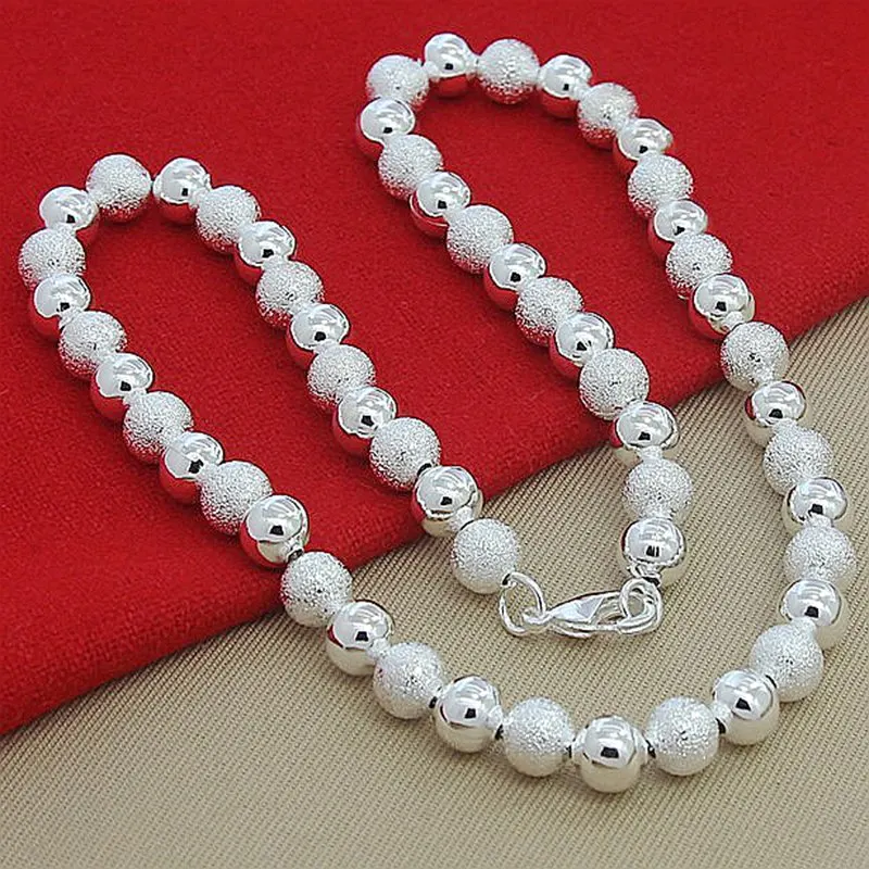 

925 Sterling Silver 8mm Matte Smooth Bead Ball Chain Necklace For Woman Man Wedding Engagement Party Jewelry
