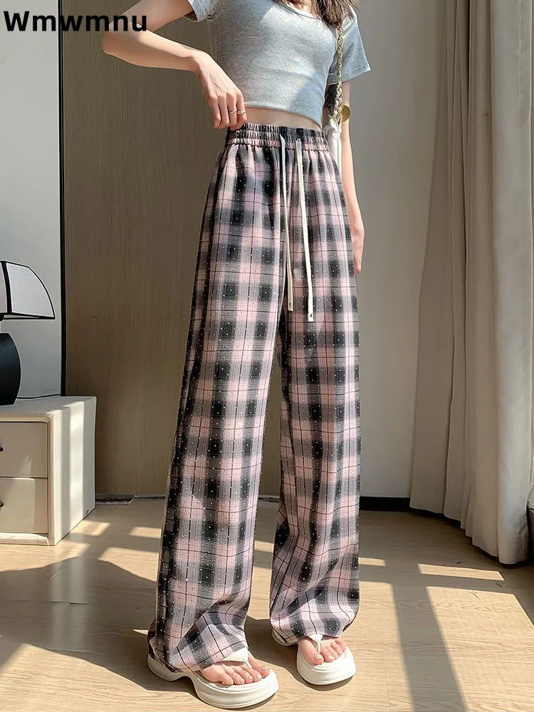 

Винтажные брюки в клетку, женские повседневные широкие брюки с высокой талией, мешковатые прямые модные брюки с завязками, калька