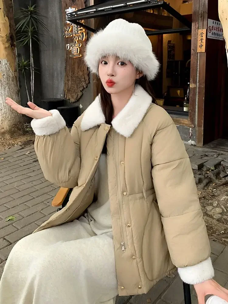 

Fur Collar Thick Cotton Coats Clothes Black Khaki Casual Outerwear Female 2025 New Winter Coat Down Padded Jacket Women Parkas