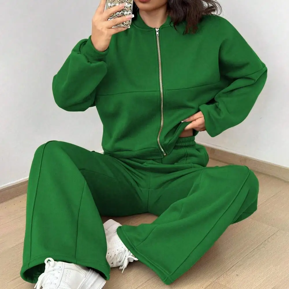 Casual Women Two-piece Suit Women's Sporty Tracksuit Set with Stand Collar Jacket Elastic Cuff Sleeves High Waist for Active