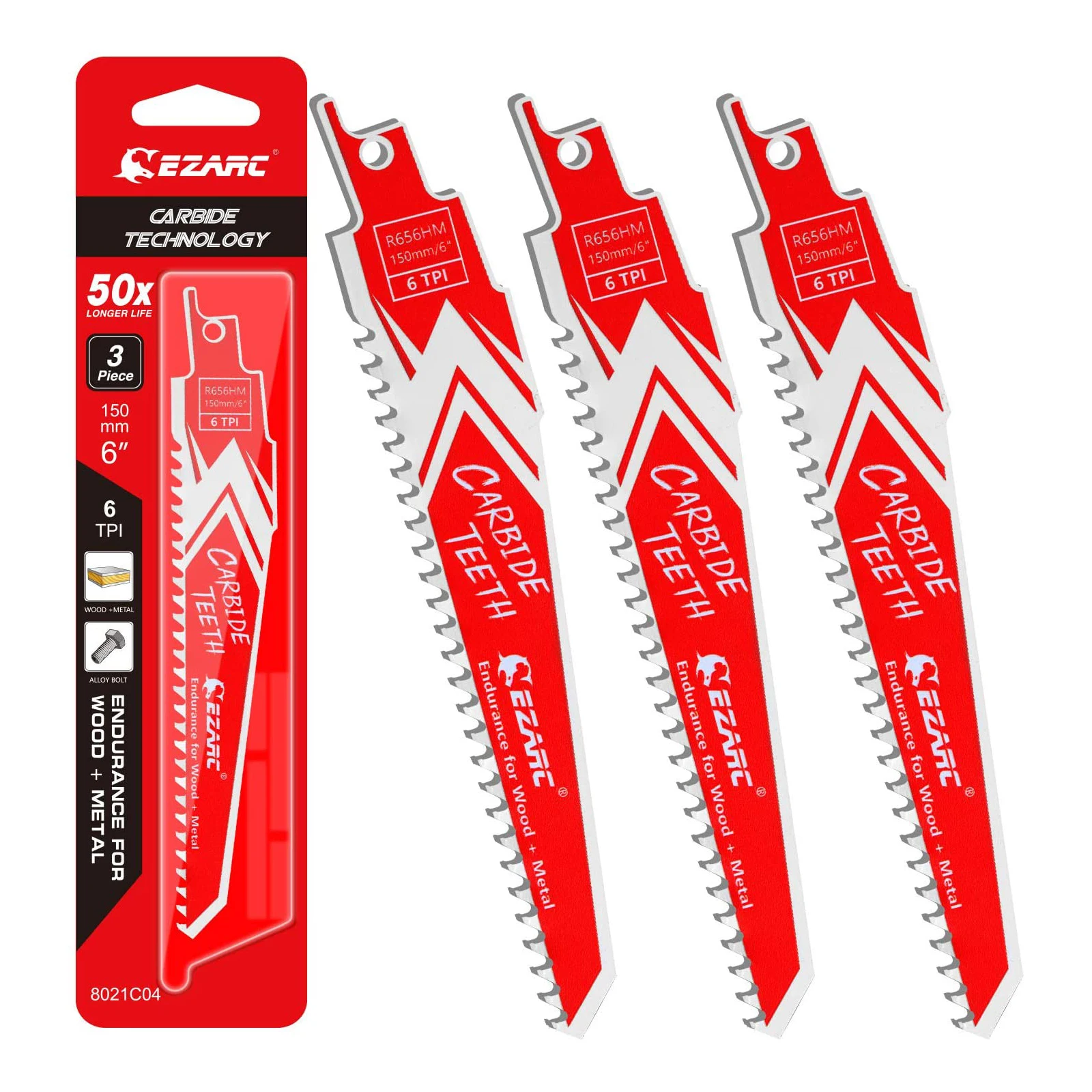 EZARC 3/6/9PCS Carbide Reciprocating Saw Blade R656HM & R956HM Endurance for Hard Wood and Metal Demolition 6TPI, 3pcs/Pack