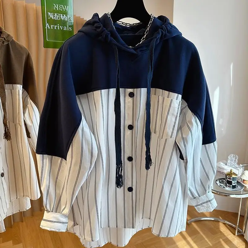 

Мужская повседневная одежда свободного кроя в полоску с капюшоном и лоскутным дизайном, из полиэфирного волокна, для осени и зимы, больших размеров, модная брендовая одежда