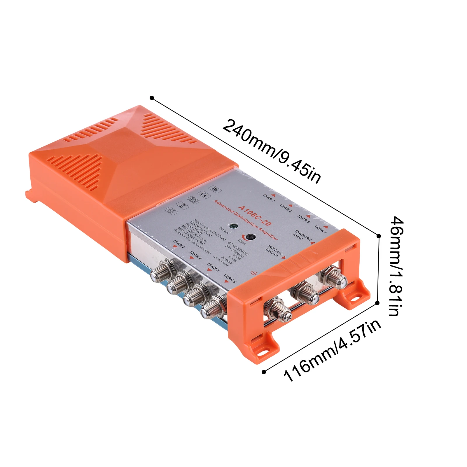 مضخم توزيع 8 اتجاهات لإشارات التلفزيون والراديو الأرضية - نظام MATV/SAT داخلي مع حلقة IRS، كسب 20 ديسيبل