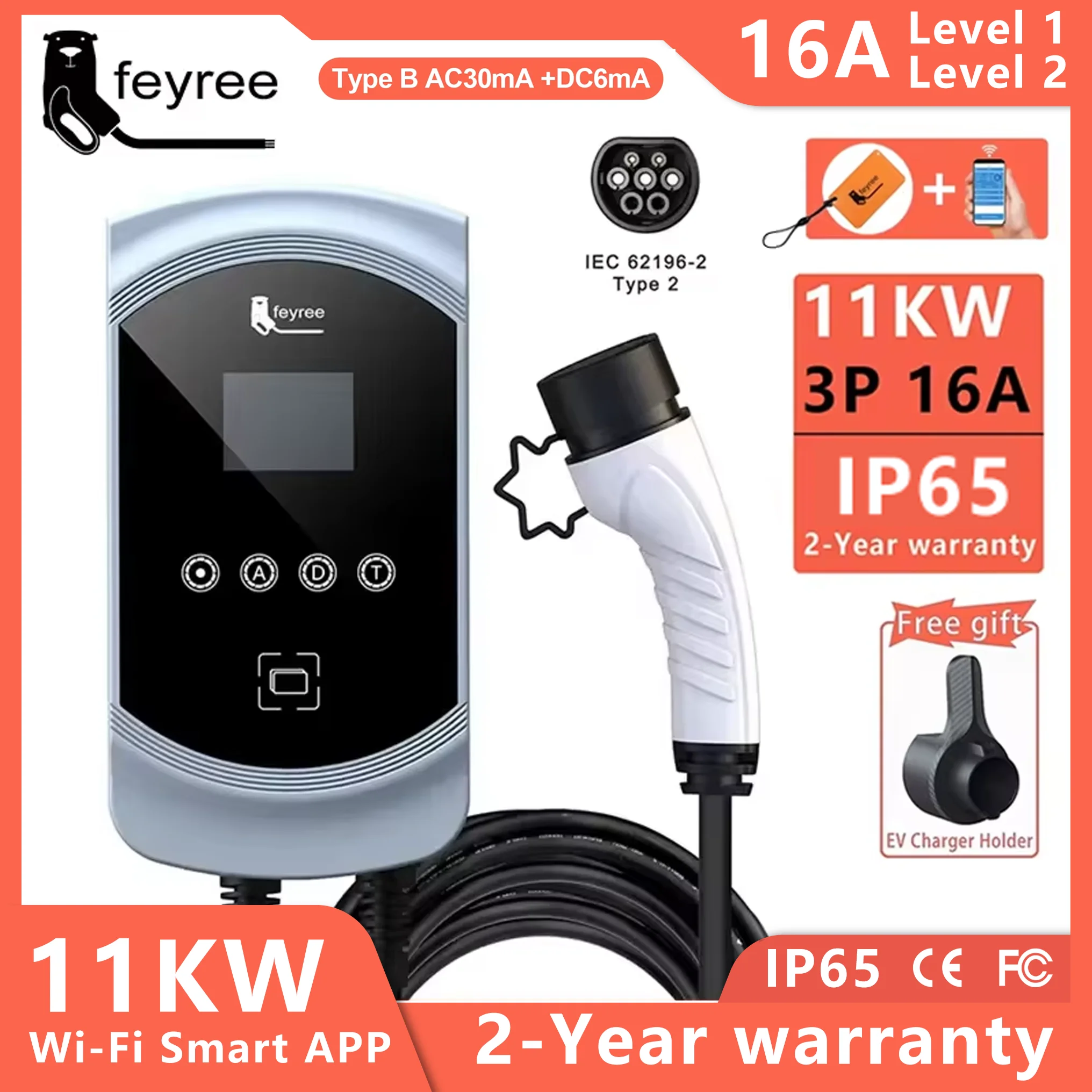 feyree EV Charger 32A 7.6KW Type2 Cable Car Charger EVSE Wallbox 11KW 22KW 3Phase IEC62196-2 Socket APP Control for Electric Car