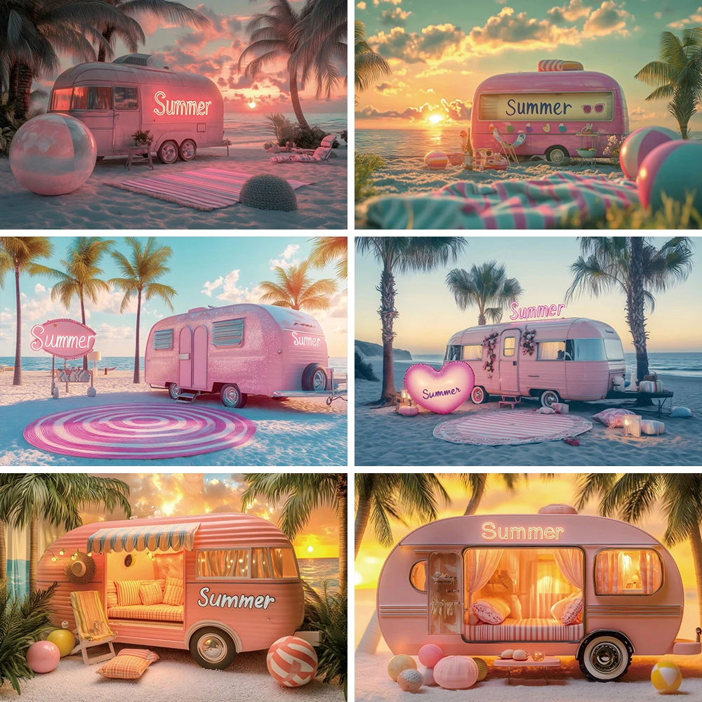 Fondo de fotografía verano palmera playa Rosa coche puesta de sol atardecer Camping fiesta de cumpleaños retrato telón de fondo accesorios de estudio fotográfico