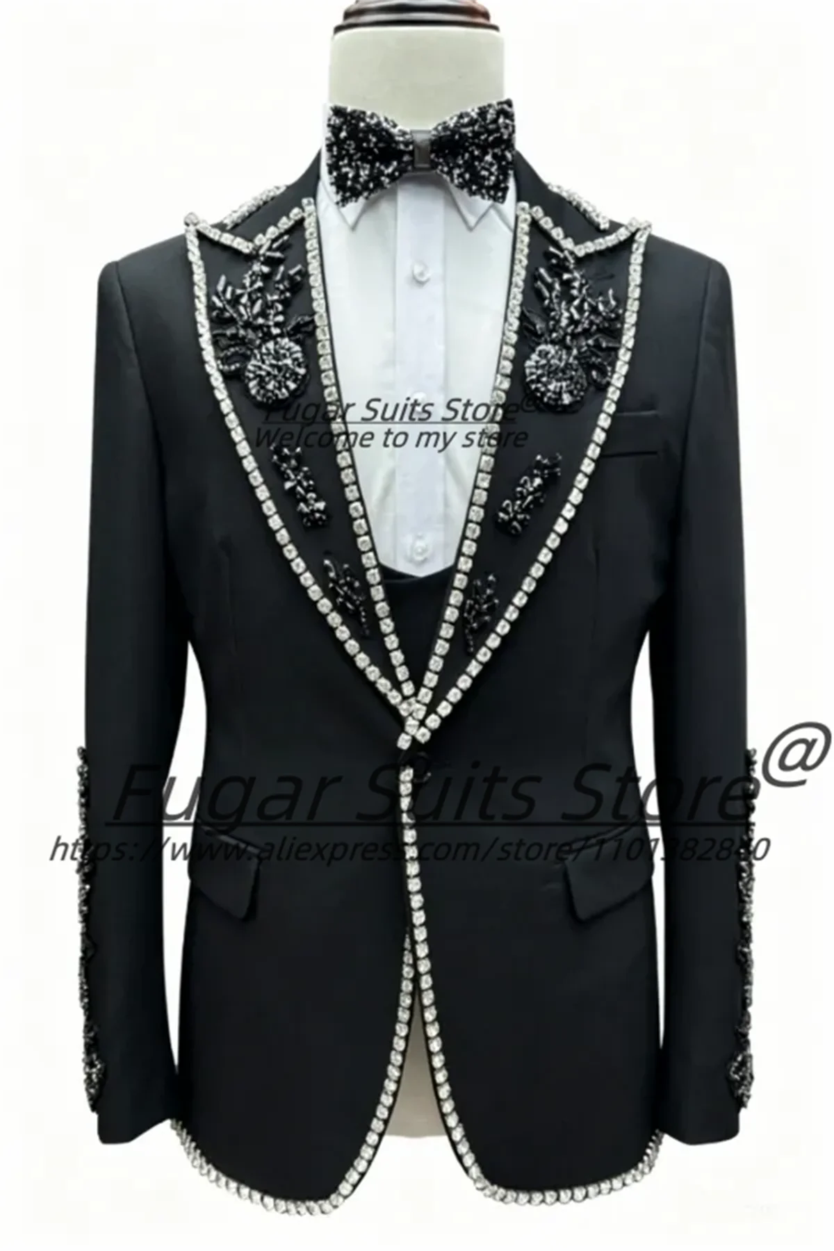 High-end Beading Shiny Prom Men Suits Fashion Black Peaked Lapel Groom Wedding Tuxedos 3Pcs Sets Male Formal Blazers Ropa Hombre