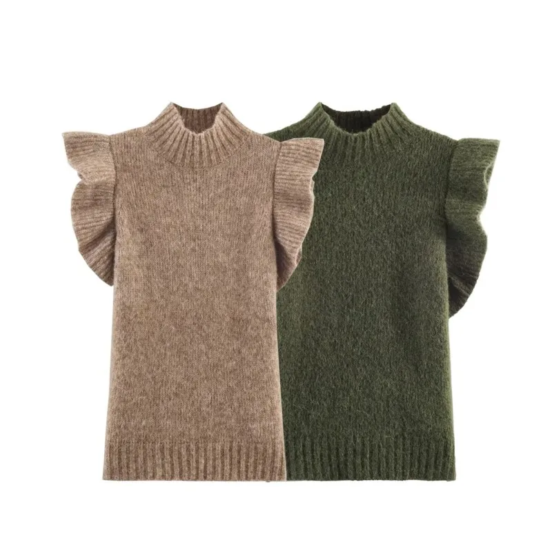 

Женский жилет из искусственной шерсти, весенний повседневный свитер с рюшами, жилетка с высоким воротом без рукавов, простой и стильный женский топ